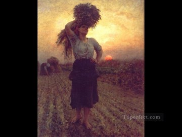 Jules Breton Painting - Harvesters countryside Realist Jules Breton